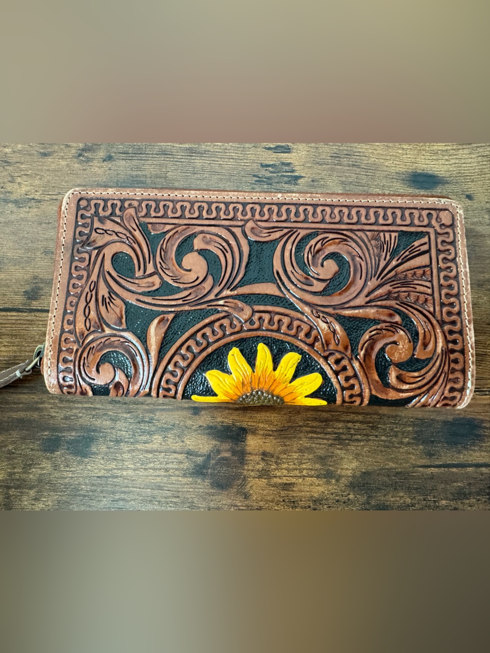 Shyanne Tooled Leather Sunflower Zip Around Wallet Brown Western Floral - Picture 3 of 11